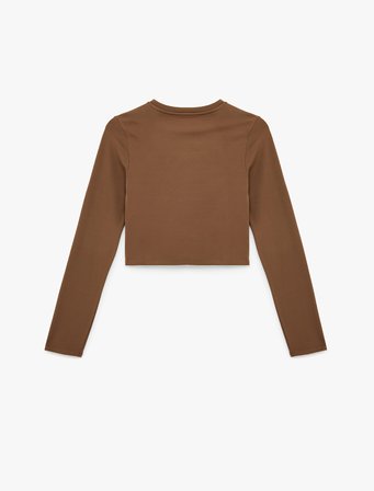 İnterlok Uzun Kollu Bisiklet Yaka Slim Fit Spor Crop Tişört