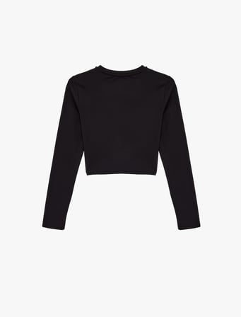 İnterlok Uzun Kollu Bisiklet Yaka Slim Fit Spor Crop Tişört