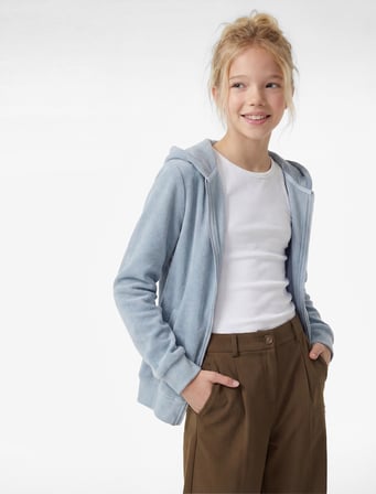 Uzun Kollu Fermuarlı Kapşonlu Polar Sweatshirt 
