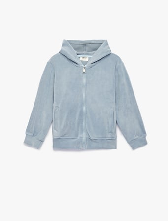 Uzun Kollu Fermuarlı Kapşonlu Polar Sweatshirt 