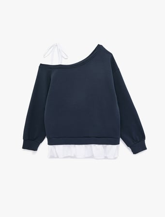 Fiyonk Detaylı Pamuklu Uzun Kollu Asimetrik Yaka Baskılı Sweatshirt