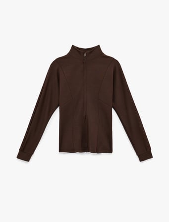 Modal Karışımlı Uzun Kollu Dik Yaka Fermuarlı Sweatshirt