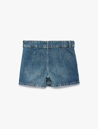 Pamuklu Pileli Cepli Denim Şort Etek