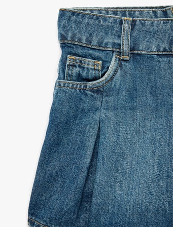 Pamuklu Pileli Cepli Denim Şort Etek