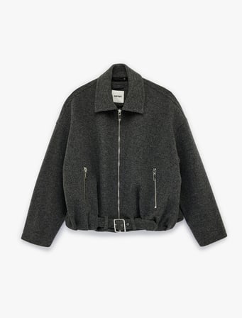 Cepli Fermuarlı Uzun Kollu Oversize Kaşe Bomber Ceket