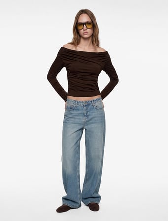 Slim Fit Uzun Kollu Asimetrik Yaka Drapeli Tişört