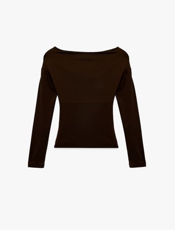 Slim Fit Uzun Kollu Asimetrik Yaka Drapeli Tişört