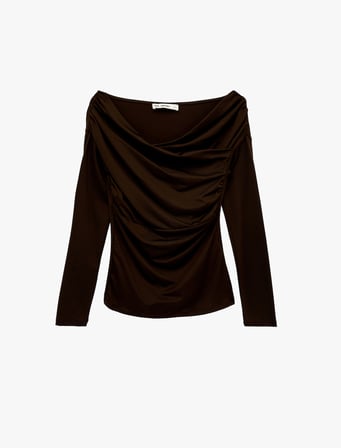 Slim Fit Uzun Kollu Asimetrik Yaka Drapeli Tişört