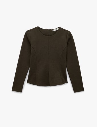 Nervürlü Fermuarlı Uzun Kollu Bisiklet Yaka Peplum Tişört