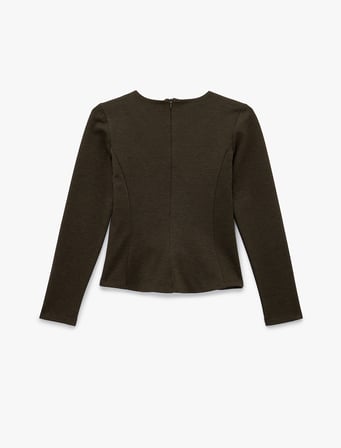 Nervürlü Fermuarlı Uzun Kollu Bisiklet Yaka Peplum Tişört