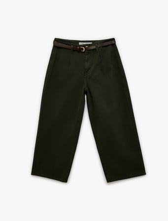 Kemer Detaylı Pamuklu Kısa Geniş Paça Pantolon - Wide Leg Jeans