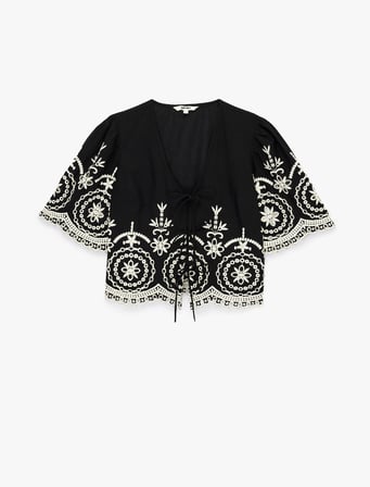Pamuklu Kısa Karpuz Kollu Bağlamalı Brodeli Crop Bluz