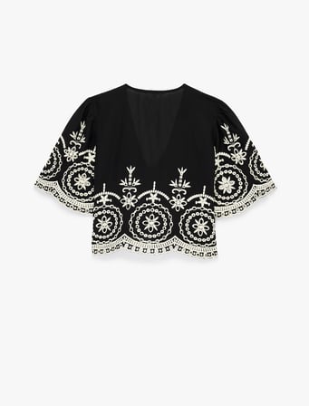 Pamuklu Kısa Karpuz Kollu Bağlamalı Brodeli Crop Bluz