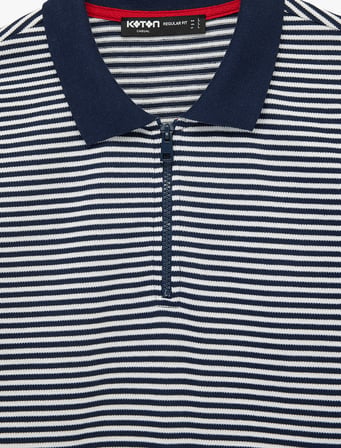 Regular Fit Kısa Kollu Yarım Fermuarlı Polo Yaka Çizgili Tişört