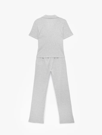 Rahat Kalıp Gömlek Yaka Kedi İşleme Detaylı Kısa Kollu Fitilli Pijama Takımı