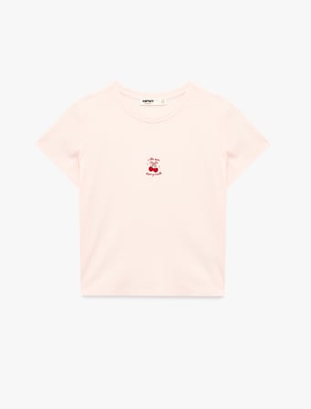 Kısa Kollu Bisiklet Yaka Dokulu Kiraz İşlemeli Pijama Üstü 