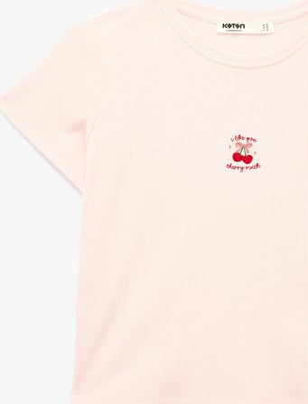 Kısa Kollu Bisiklet Yaka Dokulu Kiraz İşlemeli Pijama Üstü 