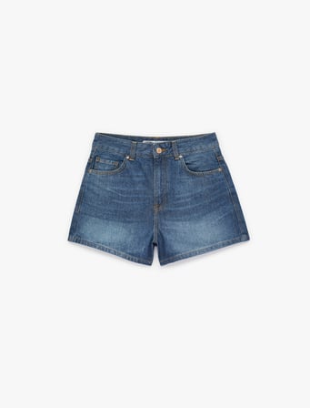 Normal Bel Cepli Düğmeli Pamuklu Mini Denim Şort
