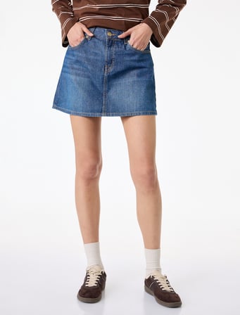 Pamuklu Cepli Düğmeli Mini A Kesim Denim Etek