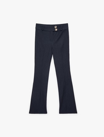 Slim Fit Mücevher Düğme Detaylı Çizgili İspanyol Paça Kumaş Pantolon