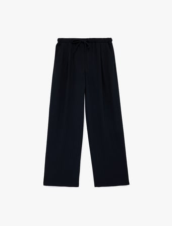 Beli Bağlamalı Cepli Çizgili Uzun Düz Geniş Paça Pantolon