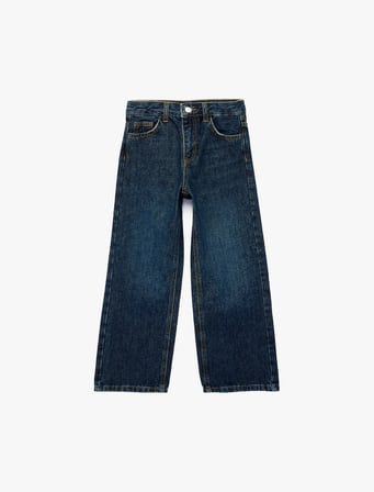 Pamuklu Kanat İşleme Detaylı Geniş Paça Denim Pantolon