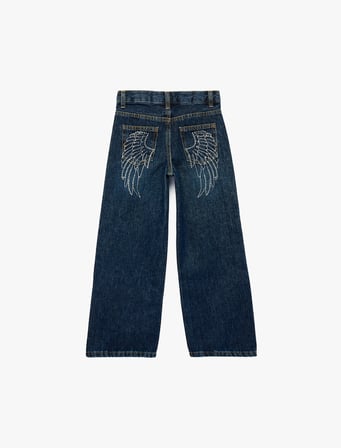 Pamuklu Kanat İşleme Detaylı Geniş Paça Denim Pantolon