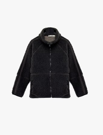 Uzun Kollu Dik Yaka Cep Detaylı Fermuarlı Oversize Peluş Ceket