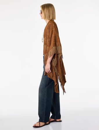 Bağlama Detaylı Floral Dokulu Püsküllü Uzun Kimono Panço