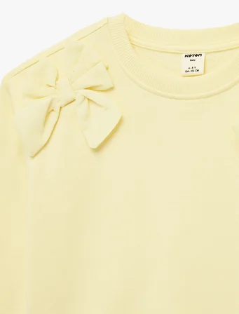 Uzun Kollu Bisiklet Yaka Fiyonk Detaylı Şardonlu Pamuklu Sweatshirt
