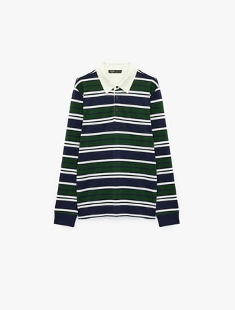 Pamuklu Uzun Kollu Düğmeli Polo Yaka Çizgili Sweatshirt