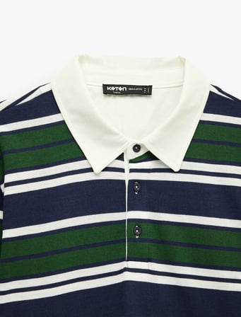 Pamuklu Uzun Kollu Düğmeli Polo Yaka Çizgili Sweatshirt
