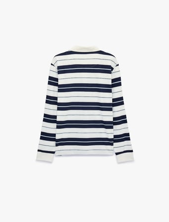 Polo Yaka Düğmeli Uzun Kollu Çizgili Sweatshirt