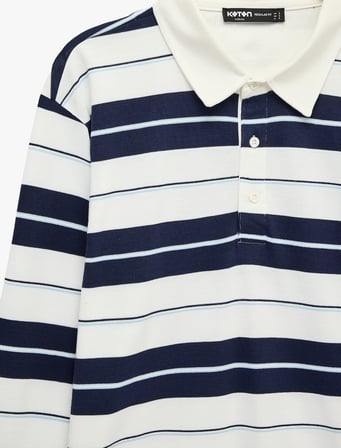 Polo Yaka Düğmeli Uzun Kollu Çizgili Sweatshirt