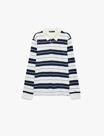 Polo Yaka Düğmeli Uzun Kollu Çizgili Sweatshirt