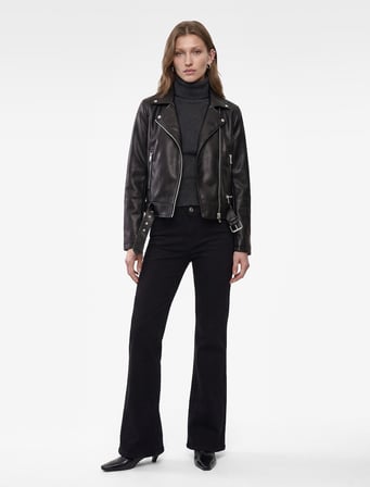 Uzun Kollu Fermuarlı Suni Deri Crop Biker Ceket