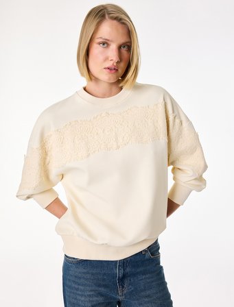 Uzun Kollu Bisiklet Yaka Dantel Detaylı Sweatshirt