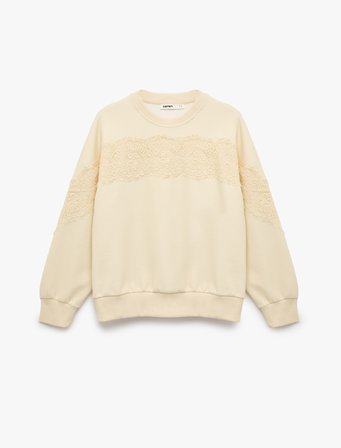 Uzun Kollu Bisiklet Yaka Dantel Detaylı Sweatshirt