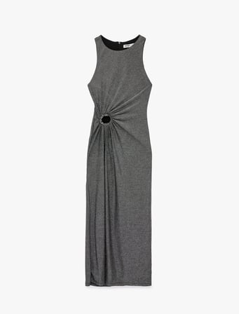 Kolsuz Bisiklet Yaka Slim Fit Taş Detaylı Simli Midi Slip Elbise