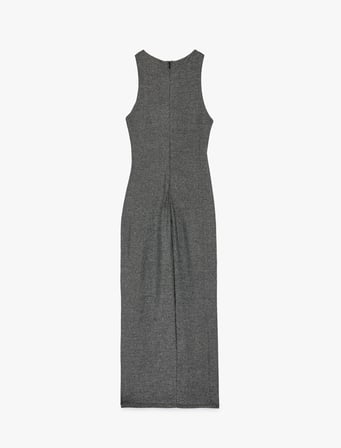 Kolsuz Bisiklet Yaka Slim Fit Taş Detaylı Simli Midi Slip Elbise