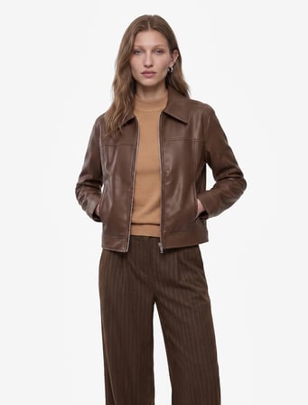Cepli Uzun Kollu Fermuarlı Suni Deri Crop Ceket