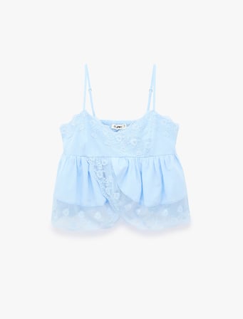 Pamuklu Kruvaze Yaka Kolsuz Dantel Detaylı Crop Top