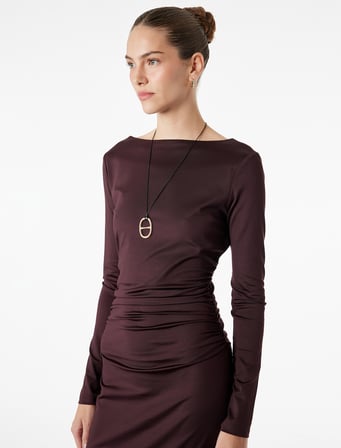 Slim Fit Uzun Kollu Yuvarlak Kayık Yaka Drape Detaylı Kalem Elbise