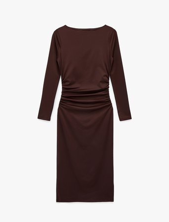 Slim Fit Uzun Kollu Yuvarlak Kayık Yaka Drape Detaylı Kalem Elbise