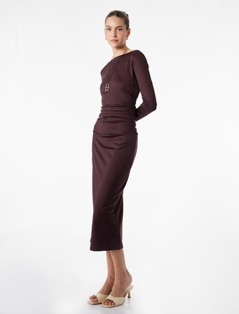 Slim Fit Uzun Kollu Yuvarlak Kayık Yaka Drape Detaylı Kalem Elbise