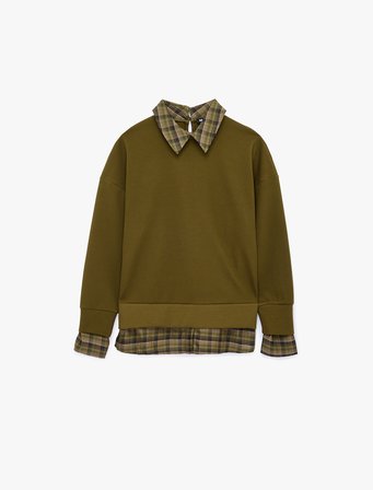 İki Farklı Kumaş Kullanımlı Kombine Uzun Kollu Ekose Gömlek Yaka Sweatshirt
