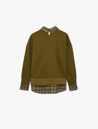 İki Farklı Kumaş Kullanımlı Kombine Uzun Kollu Ekose Gömlek Yaka Sweatshirt