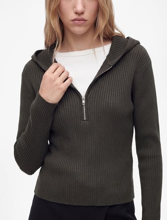 Viskon Slim Fit Uzun Kollu Fermuarlı Kapüşonlu Triko Kazak