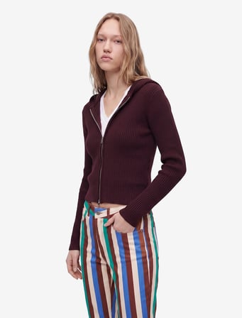 Viskon Slim Fit Uzun Kollu Fermuarlı Kapüşonlu Triko Kazak