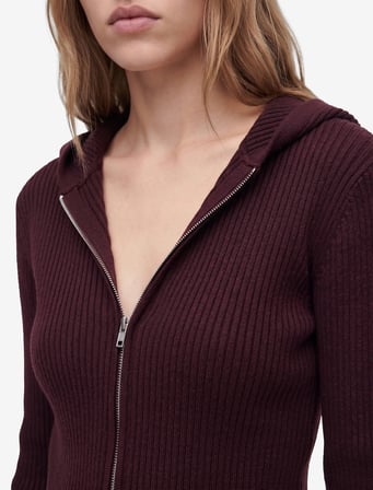 Viskon Slim Fit Uzun Kollu Fermuarlı Kapüşonlu Triko Kazak